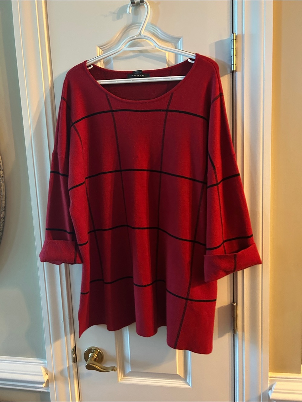 Tahari Red Scoop Neck Sweater with Black Windowpane